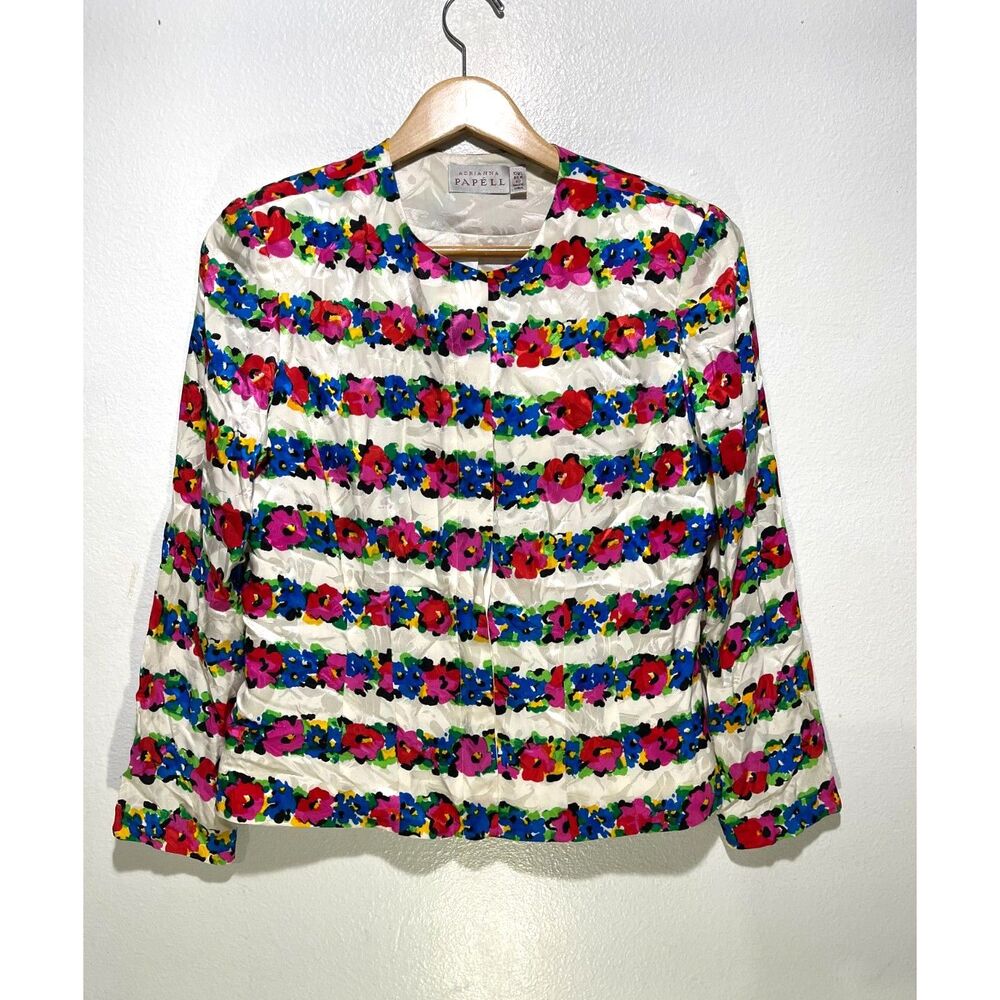 Adrianna Papell silk blouse VTG cropped colorful floral festive cottage women 10